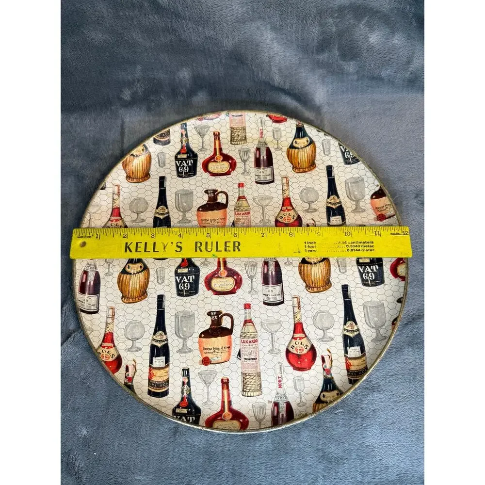 1950's Lot 18 Piece Barware Set Liquor Bottle Design Tray Plates Bottle Opener